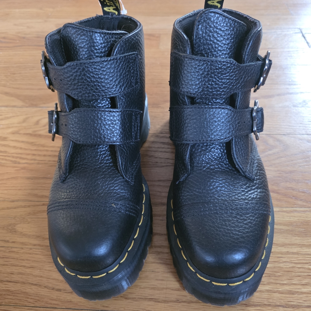 Dr. Martens Kids Black Leather Buckle Boots with Yellow Stitching